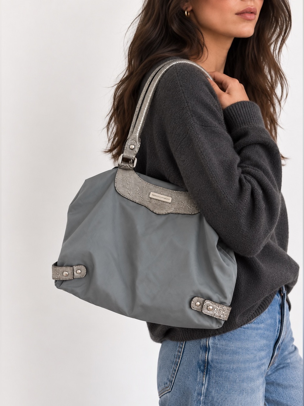 Rebecca Minkoff Grey Nylon Tote Shoulder Bag Metallic Studded Slouchy Purse